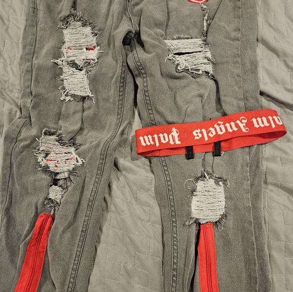 DNWR Gray Distressed Jeans with Red Accents Size 38x31 - Picture 2 of 7